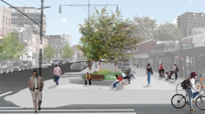 Part of the first round of DOT's NYC Plaza Program, the Myrtle Avenue Plaza will replace part of a service road with greenery and pedestrian space. Image: Myrtle Avenue Brooklyn Partnership
