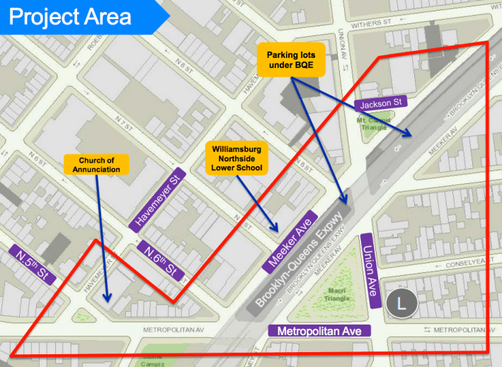 DOT wants to bring pedestrian safety improvements to this around around Meeker Avenue in North Brooklyn. Image: DOT