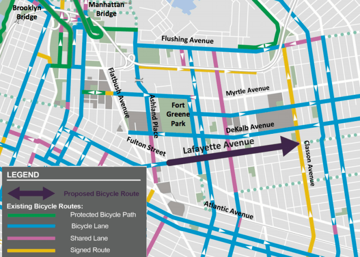 A dedicated lane on Lafayette Avenue will help fill in gaps in the neighborhood's already extensive bike network. Image: DOT