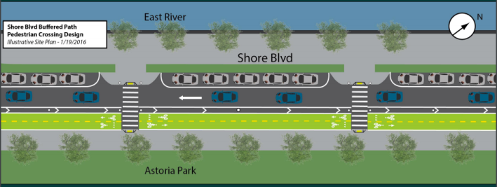 DOT wants to turn Shore Boulevard into a one-way street with a protected bike lane. Image: DOT