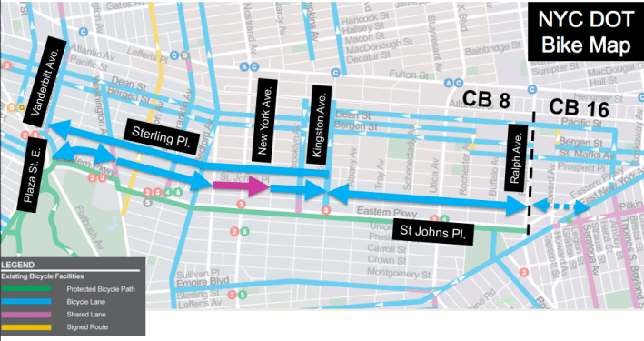 DOT wants to install dedicated bike lanes on St. Johns Place and Sterling Place in Crown Heights. Image: DOT