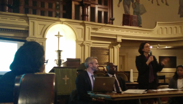 At the invitation of Council Member Laurie Cumbo, seated on the left, DOT Commissioner Polly Trottenberg was in Fort Greene last night to share her department's efforts to curb traffic fatalities. Image: David Meyer