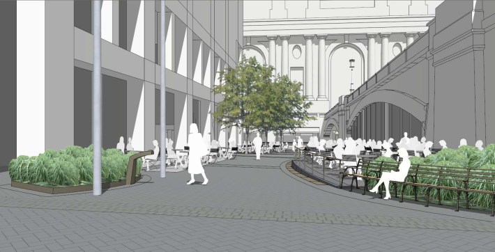 Project rendering of the future Pershing Square West pedestrian plaza. Image: Quennell Rothschild/NYC DDC