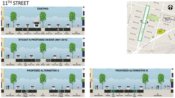 11th Street is a major bike connector, but none of the redesigns being considered by the city included a protected bike lane. Image: DDC/DOT/Parsons