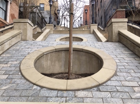 New tree wells between the stairways are surrounded by stonework.