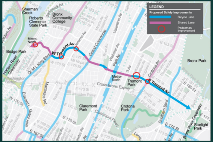 DOT's plan for Tremont Avenue will install a number of treatments, primarily dedicated lanes and sharrows, to create the first east-west bike route in the western Bronx. Image: DOT