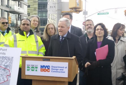 Council Member Jimmy Van Bramer alongside the DDC and DOT Commissioners this morning. Photo: David Meyer
