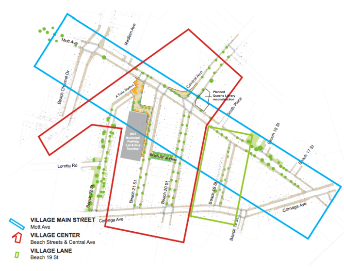 wants to increase plaza space, trees and expanded sidewalks around Mott Avenue. Image: DOT