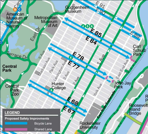 At the request of community advocates, DOT wants to install three new crosstown dedicated bike routes on the Upper East Side. Image: DOT
