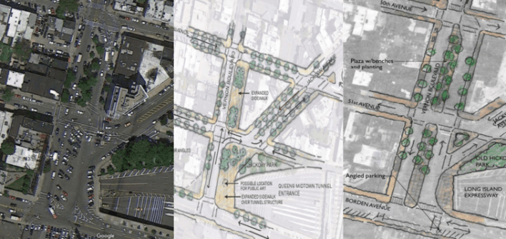 Both possible designs for the Vernon-Jackson pedestrian hub would move parking spaces to Borden Avenue in order to improve pedestrian access to the park and plaza located at the intersection. Image: DDC/DOT/Parsons