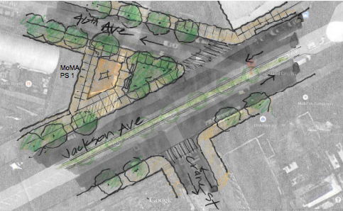 "Option 1" for the intersection outside MOMA PS1 would close a slip lane to create a new plaza in front of the museum. Image: DDC/DOT/Parsons