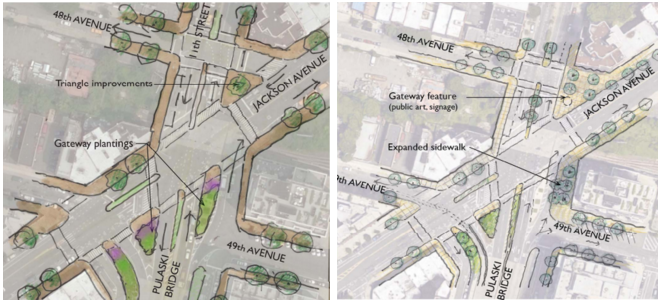 Both designs proposed for the foot of the Pulaski Bridge route cyclists east down 49th Avenue. Image: DDC/DOT/Parsons