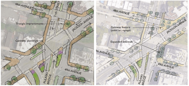 "Option 2" for the Pulaski Bridge gateway, right, would provide pedestrians and cyclists more space and safer crossings. Image: DDC/DOT/Parsons