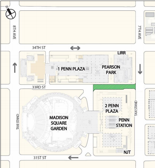 The plaza on 33rd Street increases continuous pedestrian space on 7th Avenue by half. Image: Vornado Reality Trust