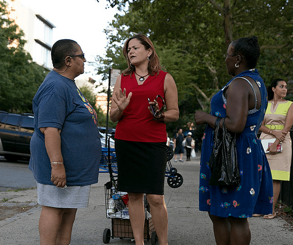 Council Speaker Melissa Mark-Viverito greets constituents in her East Harlem district, which is slated for upzoning as part of the mayor's plan to increase the city's affordable housing stock. Image: William Alatriste