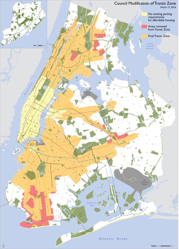 Last year, the city eliminated parking requirements for senior and affordable housing developments within the orange areas on this map. Click to enlarge.