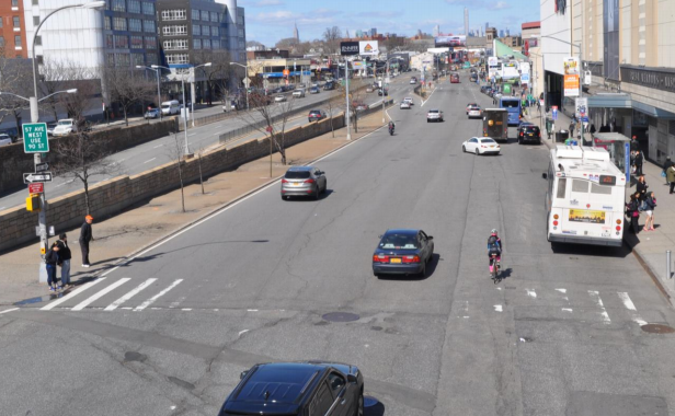 The next phase of the city's Queens Boulevard "Great Streets" project includes this dangerous and chaotic block outside Queens Center Mall. Photo: DOT