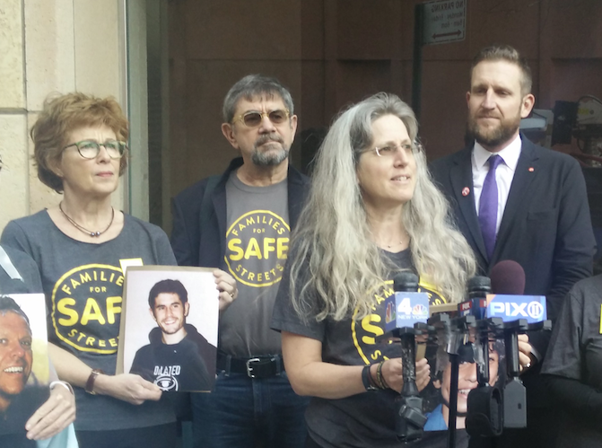 Amy Cohen spoke alongside other members of Families for Safe Streets in support of expanding the city's school speed camera program. Photo: David Meyer