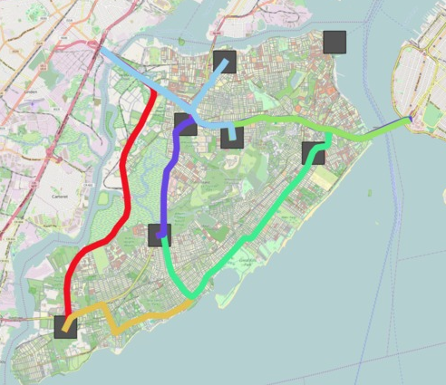 "HubNET" would route express buses to Manhattan from centralized hubs across Staten Island, allowing for a faster more efficient local bus network. Image: Noga Neeman/Tiberiu Tesileanu/Elad Mokady