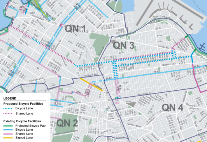 DOT's proposed 31st Avenue bike lane would connect the East River waterfront to the Flushing Bay Promenade. Image: DOT