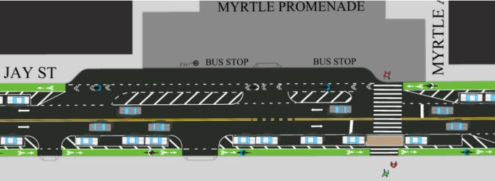 At bus stops such as the extended layover zone in front of the Myrtle Promenade, the protected bike lane will gave way to a shared bus-bike lane. Image: DOT