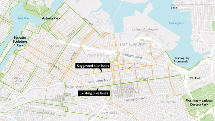 Since last summer, members of the Queens Bike Initiative have called on the city to build the above bicycle lane connections in northern Queens. Image: Queens Bike Initiative