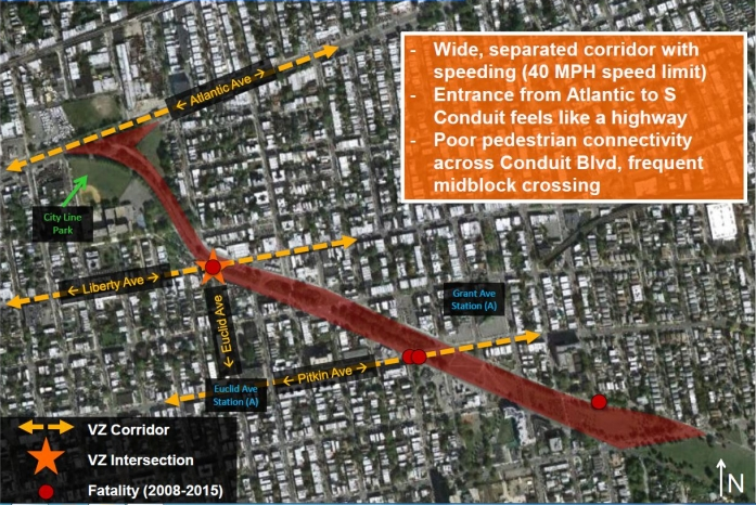 Conduit Boulevard, a highway-like road in on the eastern Brooklyn-Queens border, has seen four pedestrian fatalities since 2008. Image: DOT