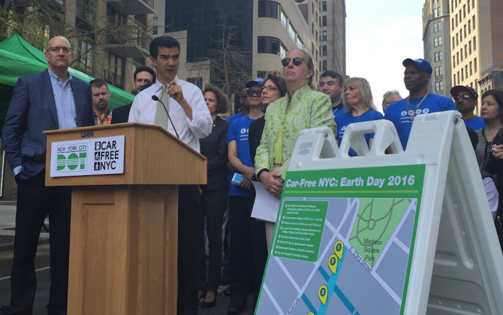 City Council Transportation Chair Ydanis Rodriguez speaks about Car Free Earth Day at a press conference this morning. Photo: David Meyer