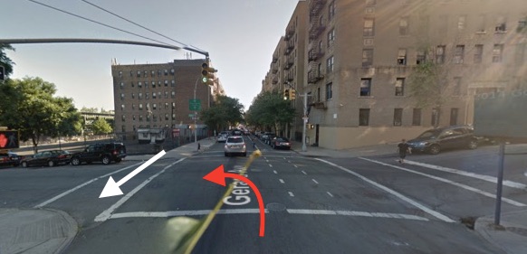 E. 164th Street at Gerard Avenue. The white arrow indicates the path of Mariam and her family, and the red arrow indicates the path of the driver, according to NYPD’s account of the collision. Image: Google Maps