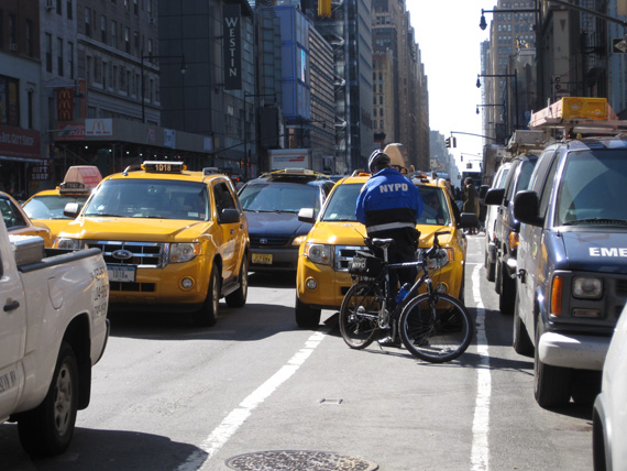NYPD will target drivers who block bike lanes and other violations that put cyclists at risk through Friday, according to City Hall. Photo: Hilda Cohen
