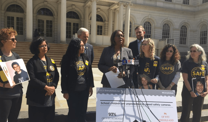 Public Advocate Letitia James spoke alongside members of Families for Safe Streets at city hall this morning. Photo: David Meyer