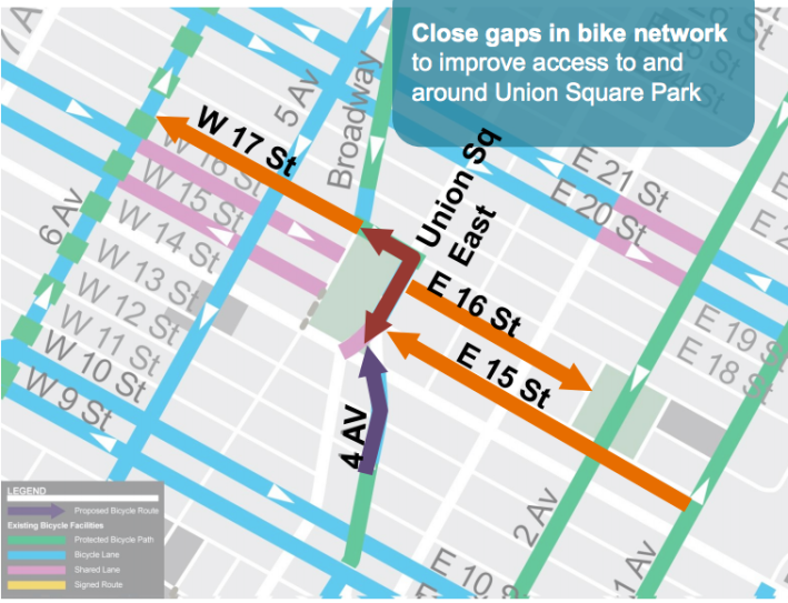DOT's plan would also bring new bike lanes to East 15th, East 16th, and West 17th Streets. Image: DOT