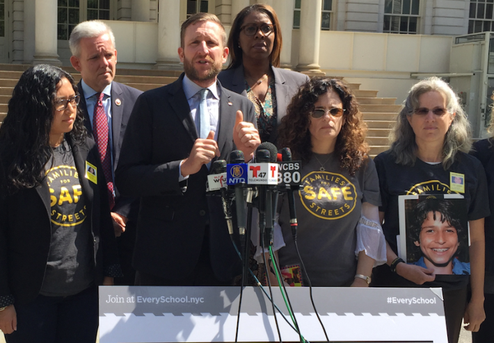 Council Majority Leader Jimmy Van Bramer standing in support of speed cameras at every school earlier this month alongside Transportation Alternatives' Paul Steely White and members of Families for Safe Streets. Photo: David Meyer