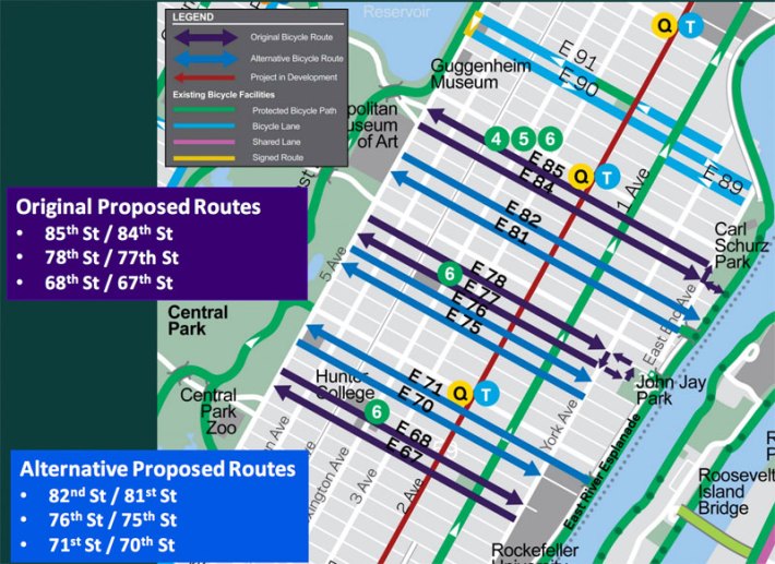 At CB 8's request, DOT proposed alternative pairings (in blue) to those in its original proposal (in purple). Image: DOT