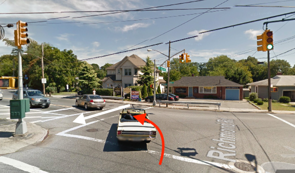 A driver killed Maria Serrano at Richmond Road and Amboy Road in Staten Island. The white arrow indicates the path of the victim, and the red arrow indicates the path of the driver. Image: Google Maps
