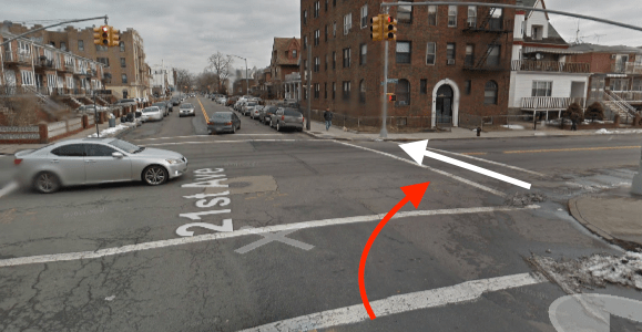 Cropsey Avenue and 21st Avenue in Brooklyn, where Alexander Smotritsky killed Xiali Yue with a car. The white arrow indicates the path of the victim, and the red arrow indicates the path of the driver. Image: Google Maps