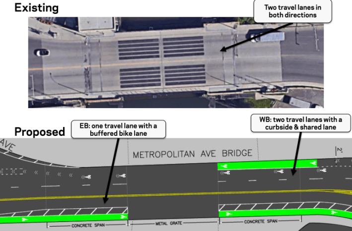 Bike lanes could soon be coming to the Metropolitan Avenue Bridge, which connects East Williamsburg and Ridgewood. Image: DOT