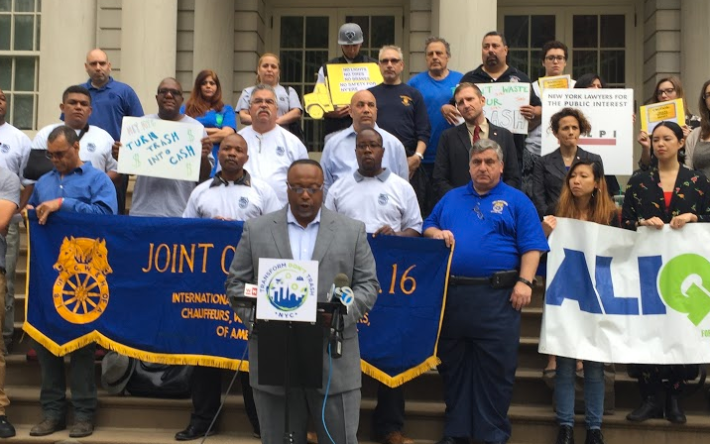Teamster Local 813 President Sean Campbell speaks out against unsafe sanitation trucks. Photo: David Meyer
