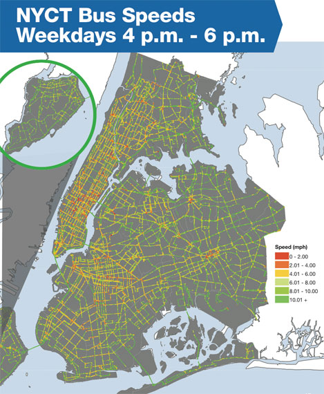 MTA bus time data allows the city to see the locations where bus routes are slowest. Image: DOT
