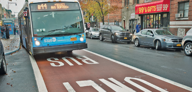 Select Bus Service on Nostrand Avenue includes dedicated bus lanes and off-board fare collection. Photo: DOT/MTA