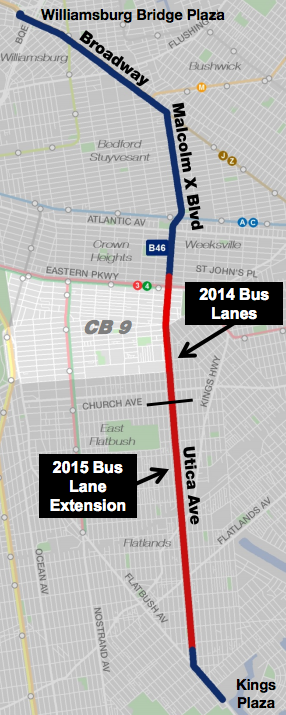Dedicated bus lanes were implemented on Utica Avenue in 2014 and 2015. Image: DOT