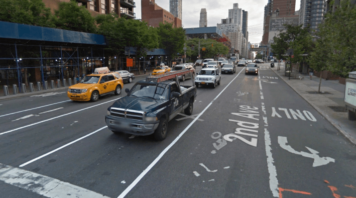 Second Avenue, pictured here between 58th and 59th Streets, is getting more protected bike lanes. Photo: Google Maps