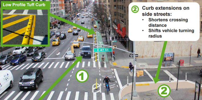 Between 52nd Street and 43rd Street he new bike lane will only be protected during off-peak hours. Image: DOT