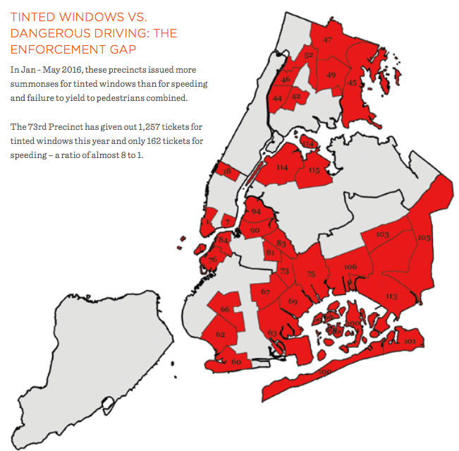 NYPD precincts that issued more tickets for tinted windows than for speeding and failure to yield combined from January through May 2016. Image: TA