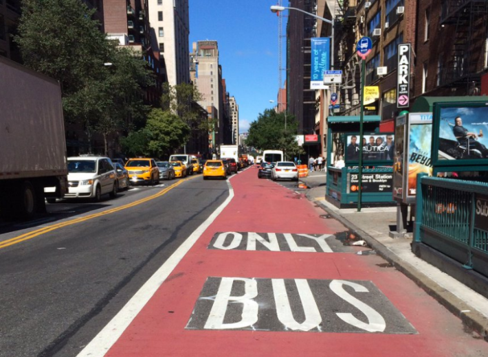 New dedicated bus lanes on 23rd Street, where Select Bus Service is set to launch in the fall. Photo: Stephen Miller