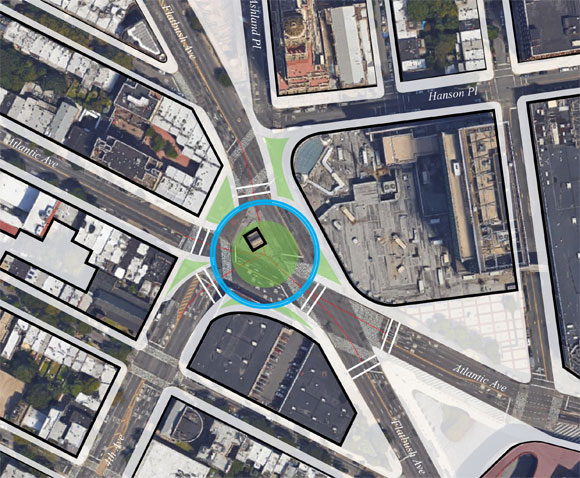The Flatbush/Atlantic/Fourth traffic circle concept from Perkins Eastman, with bike lane in blue.
