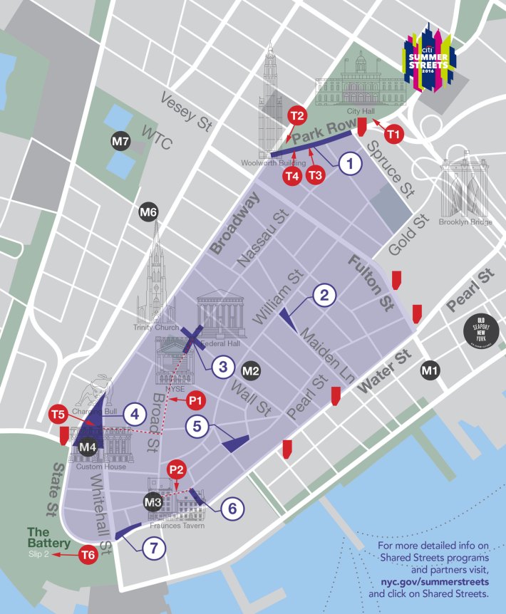 For five hours tomorrow, limited vehicular traffic will transform 60 blocks of Lower Manhattan into "shared streets" for people on foot and bikes. Image: DOT