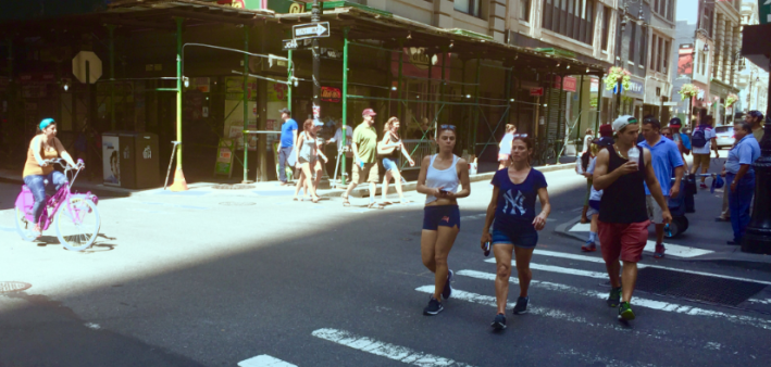 With car traffic in the neighborhood limited, pedestrian and cyclists has most of the Financial District to themselves on Saturday. Photo: David Meyer