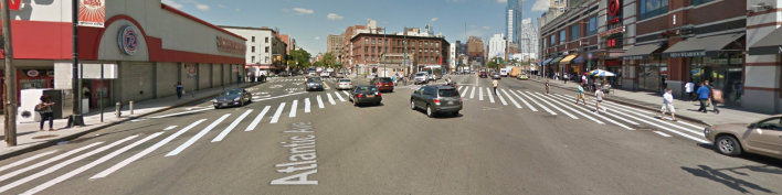 Pedestrians crossing the Flatbush-Atlantic intersection must contend with some of Brooklyn's heaviest motor vehicle traffic. Photo: Google Maps