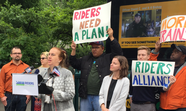 In May, Gale Brewer (podium) expressed interest in a bus-only 14th Street at a press conference hosted by Riders Alliance. Photo: David Meyer